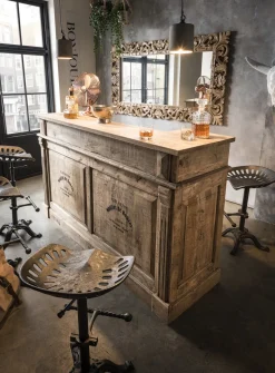 Faktorei Bar-Tresen Schrank Mangoholz massiv mit Beschriftung